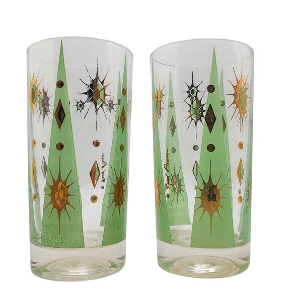Fred Press Glass Tumblers Atomic Burst Cocktail MCM Pastel Mint Green Highball - Picture 2 of 7